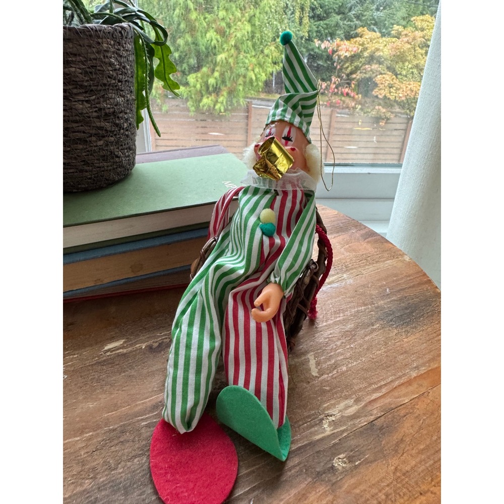 Vintage Striped Clown Ornament Red Green White Jumpsuit Gold Horn 9 Inch